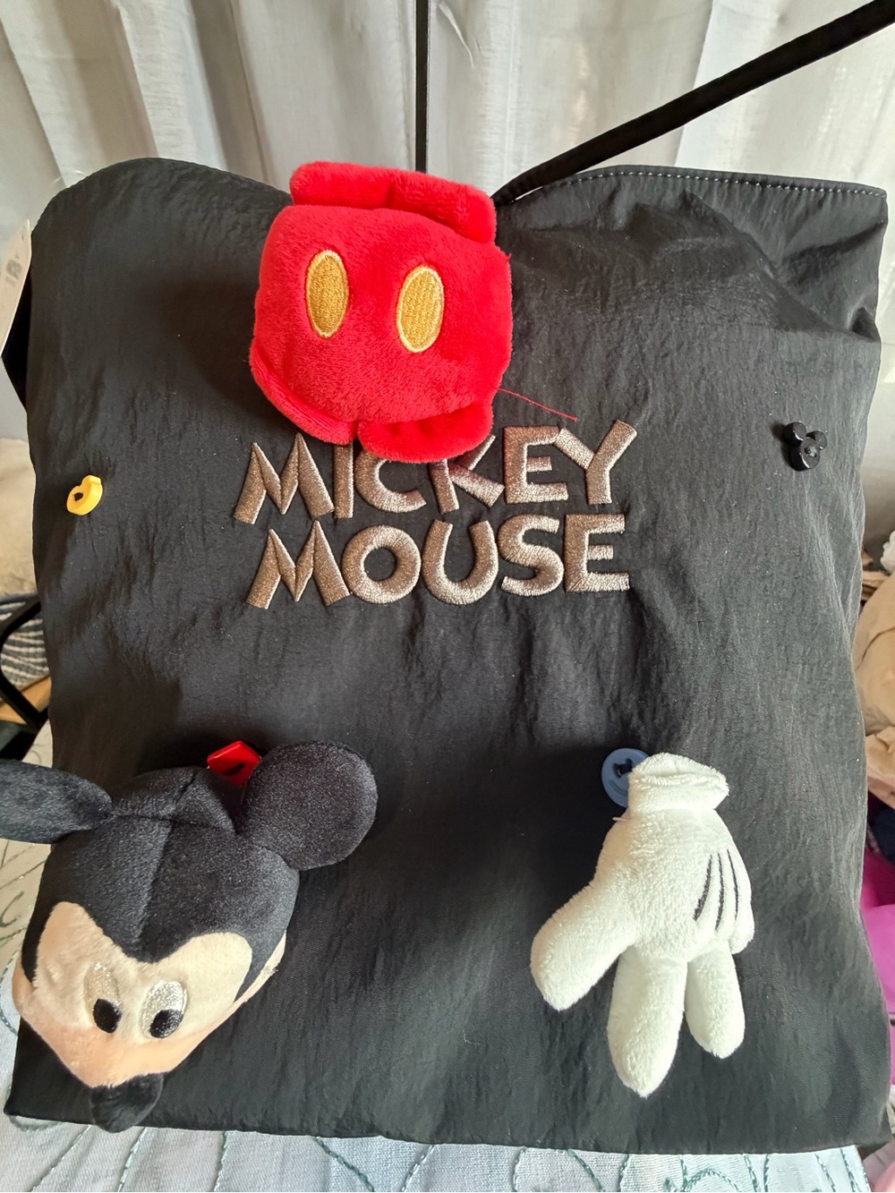 Disney Black Mickey Mouse Plush Tote with Red Accent and Soft Toy Attachments